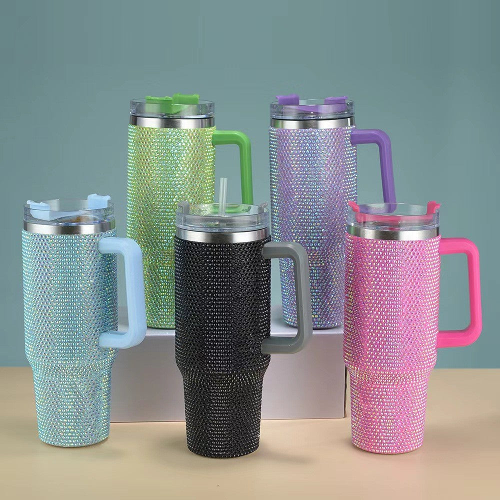Insulated Stainless Steel Rhinestone Travel Tumbler With Ergonomic Handle And Spill-Resistant Lid