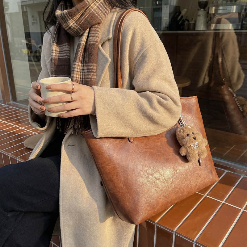 Stylish Faux Leather Tote Bag with Charming Keychain
