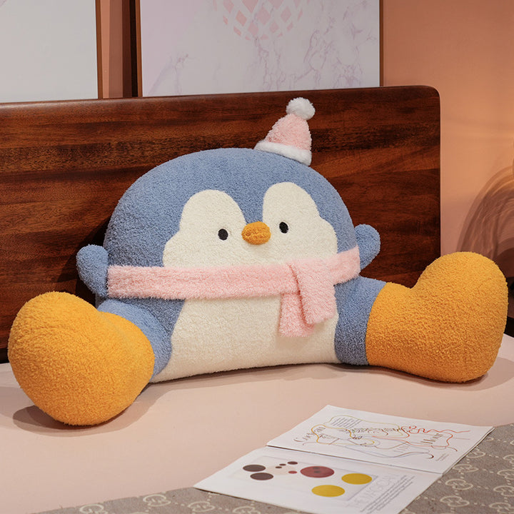 Cozy plush back reading pillow with armrests in penguin design