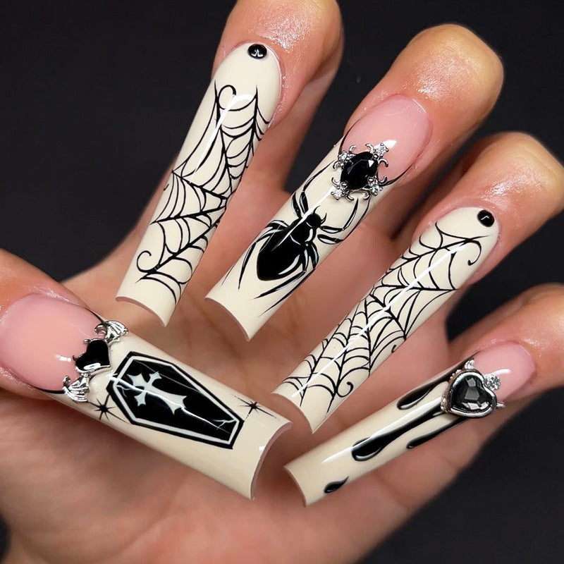 Gothic-Themed Press-On Nail Art Set with Spider and Coffin Designs