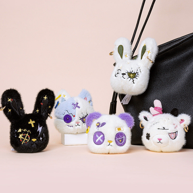 Faux-Fur Bunny Charm Key Fob with Embroidered Patchwork Face and Gold Metal Ring Kalsten