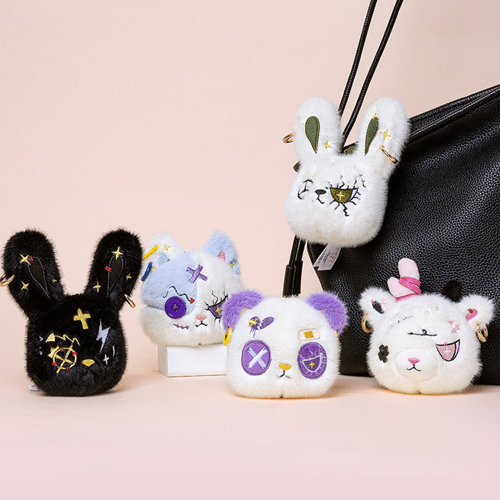 Faux-Fur Bunny Charm Key Fob with Embroidered Patchwork Face and Gold Metal Ring Kalsten