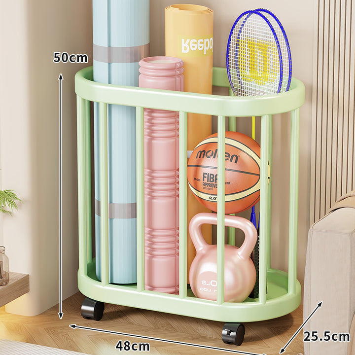 Vertical Rolling Sports Gear Storage Organizer with Cylindrical Metal Bar Frame and Casters