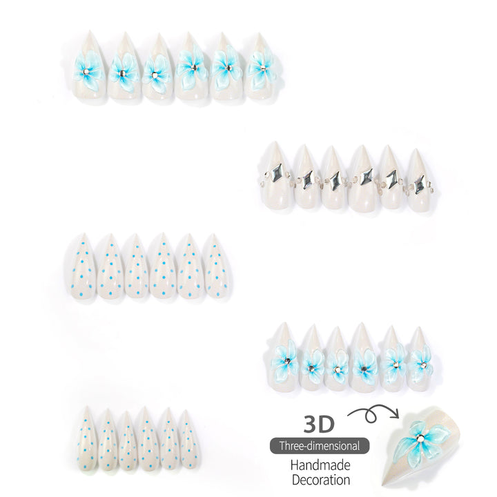 Decorative Press-On Nail Set with Floral and Gemstone Designs