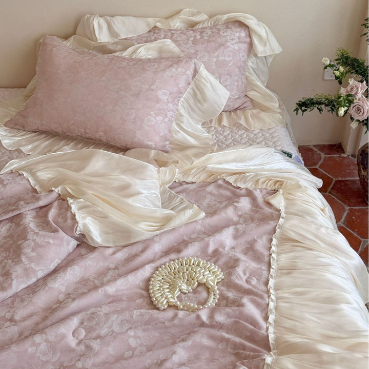 Luxurious Ruffled Bedding Set made of Satin with Duvet and Bedskirt