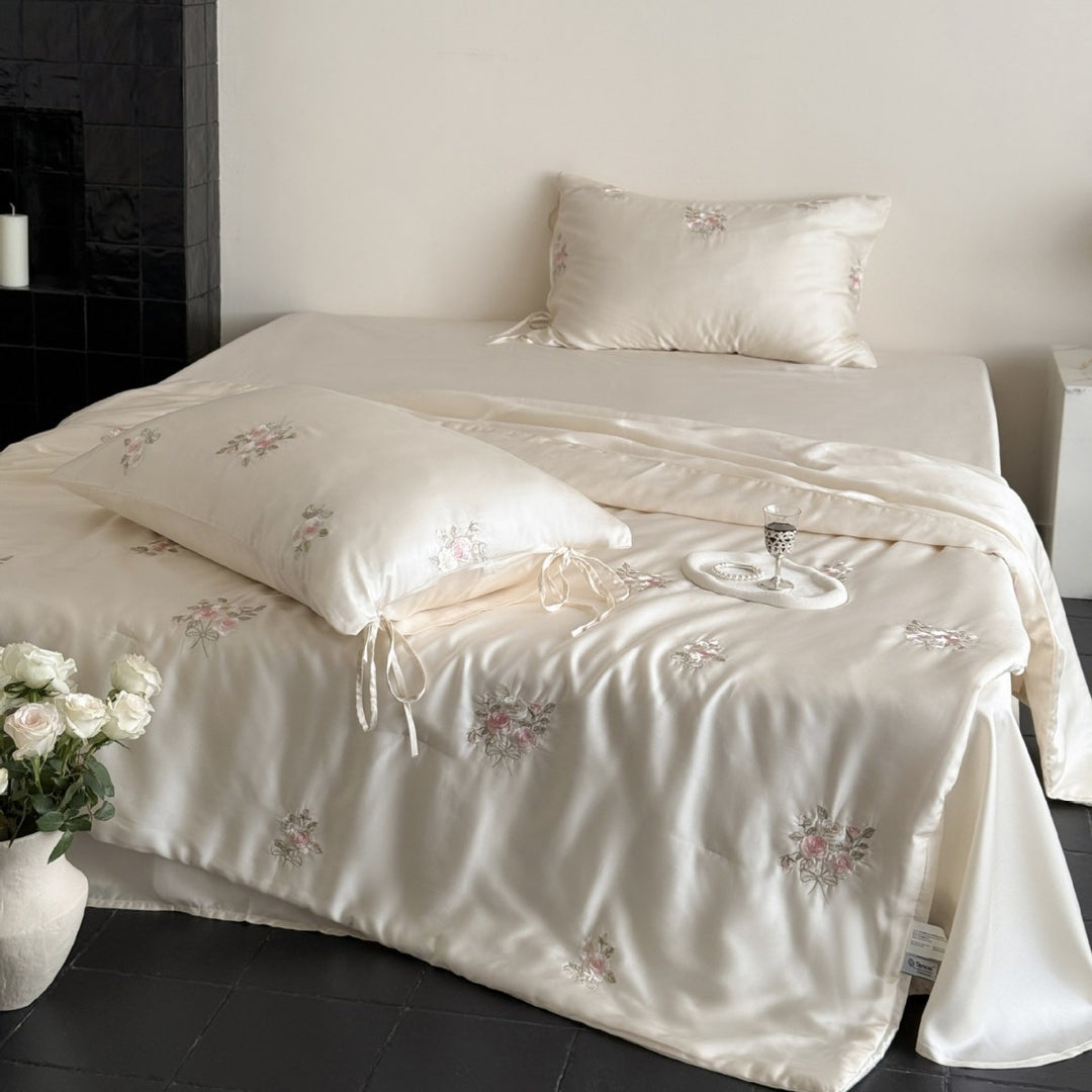 Luxurious Embroidered Satin Bedding Set with Rose Pattern and Ribbon Pillow