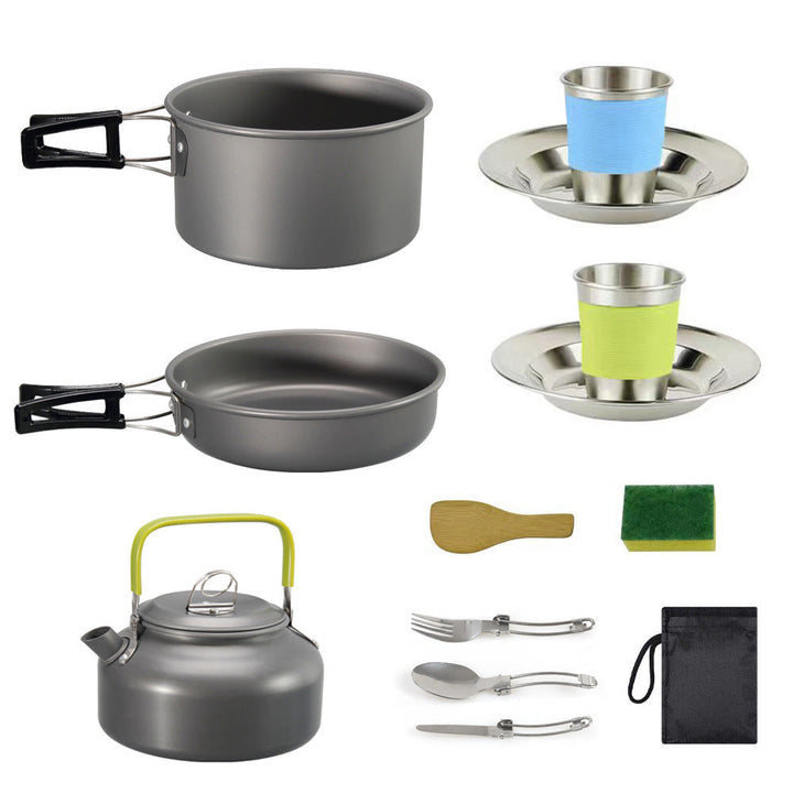 lightweight hard-anodized camping cookware set with folding handles compact kettle and stainless cup plates Kalsten