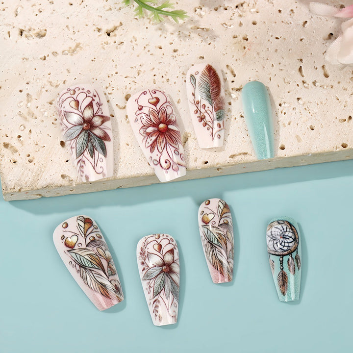 Artificial nails with floral patterns and dreamcatcher motif Kalsten