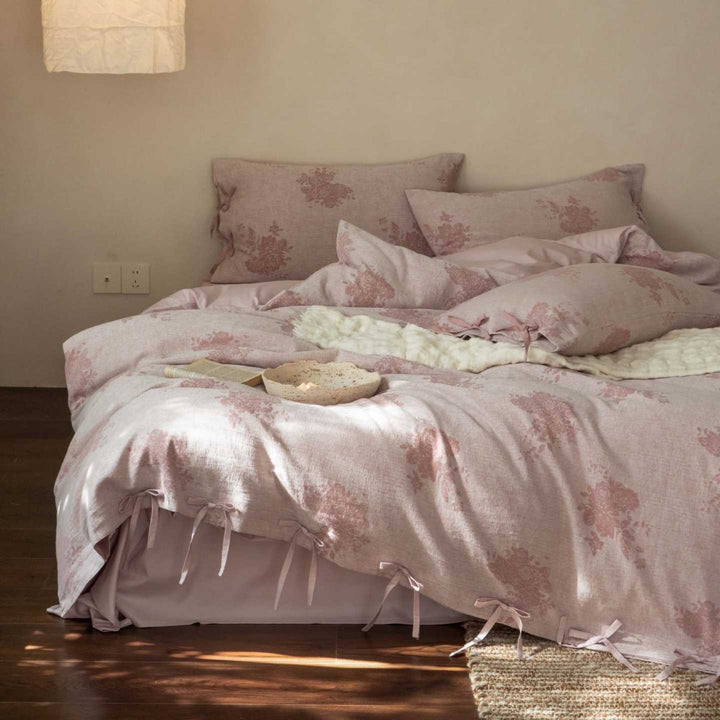 Bedding set made of linen look with floral jacquard weaving and decorative bows