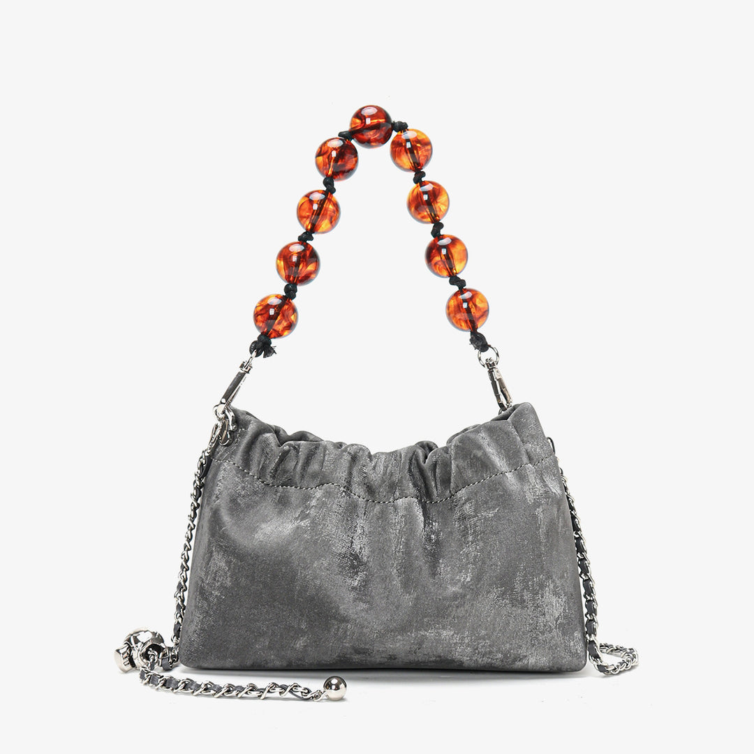 Ruched Velvet Shoulder Bag with Decorative Beaded Handle