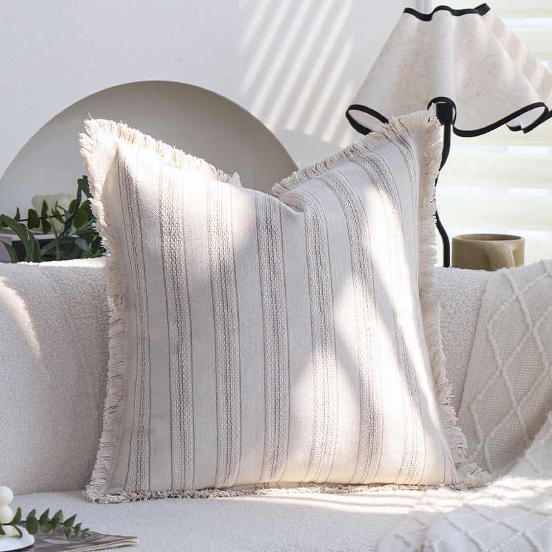 Square decorative cushion cover in linen-cotton blend with fine stripes and decorative fringed edge Kalsten