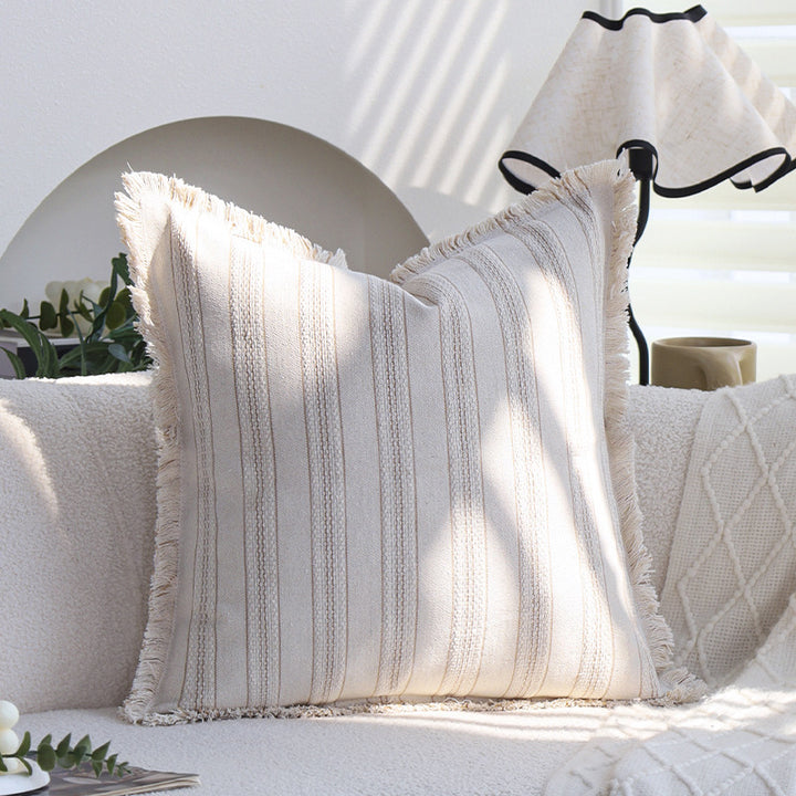 Square decorative cushion cover in linen-cotton blend with fine stripes and decorative fringed edge Kalsten
