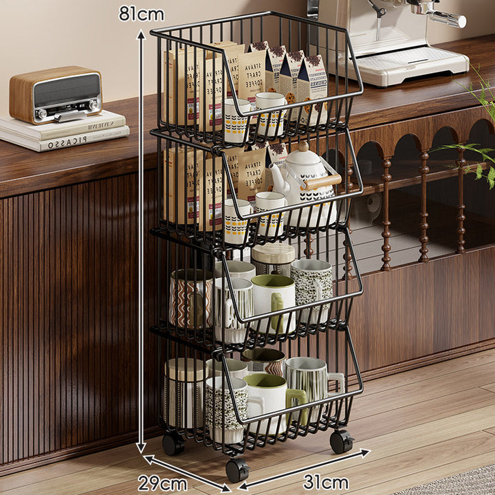 Four-Tier Tall Rolling Wire Pantry and Mug Storage Cart with Deep Slanted Baskets