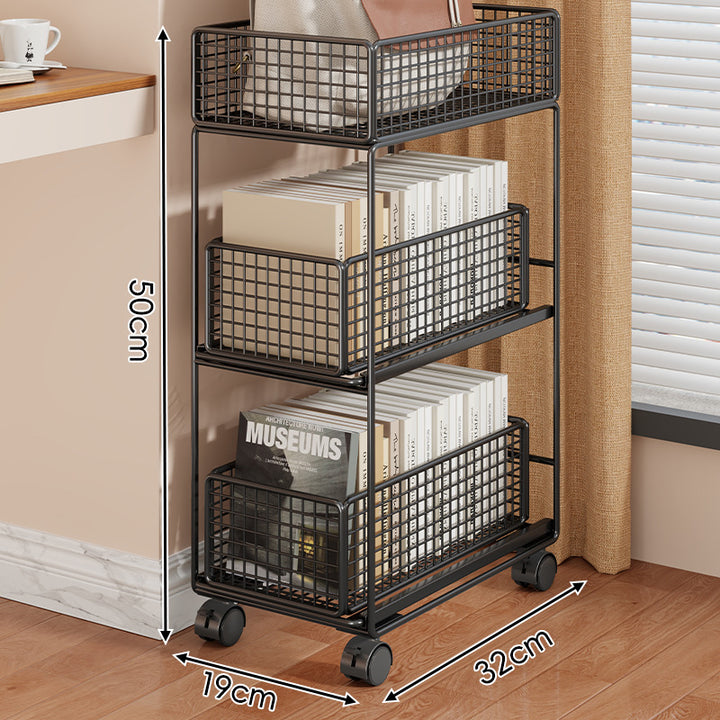 Compact Two-Tier Rolling Metal Mesh Storage Trolley with Locking Swivel Casters