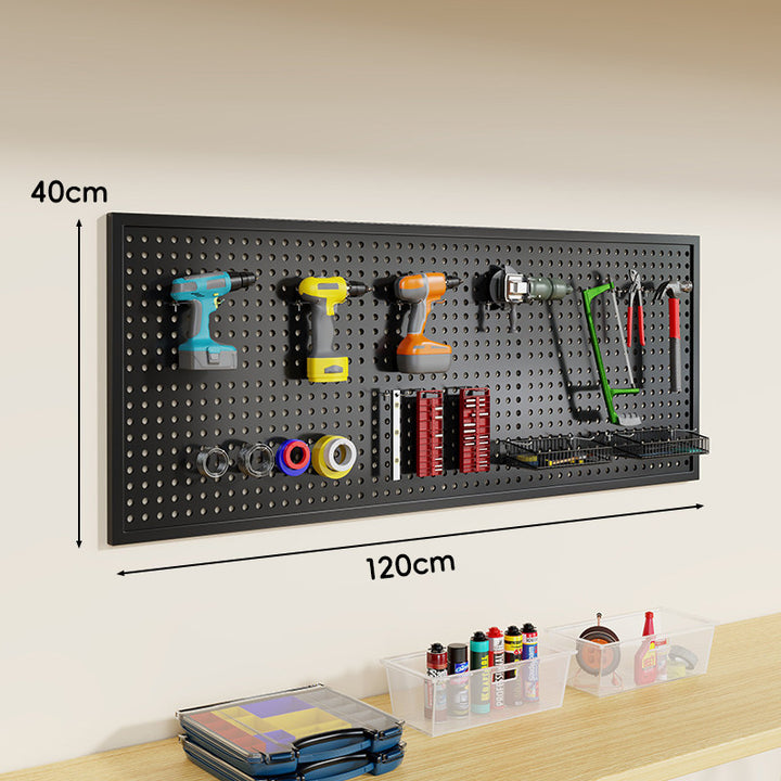 Wall-Mounted Perforated Metal Tool Pegboard Organizer Panel with Modular Hooks and Wire Baskets
