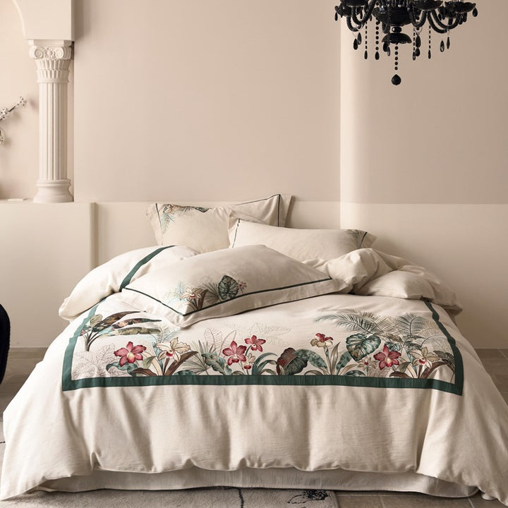 Bedding set with exotic landscape print and cotton-linen blend