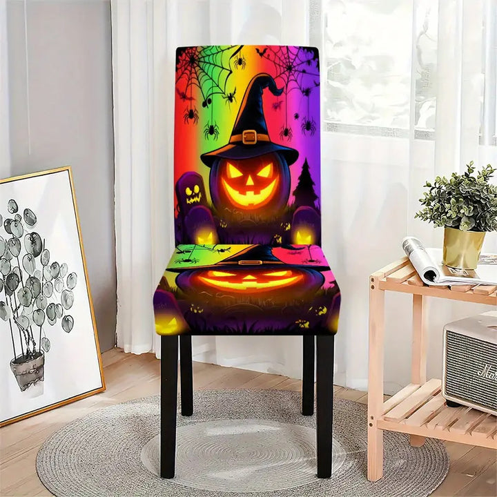 Elastic Stretch Chair Cover for High Backs with Detailed Halloween Pumpkin Print