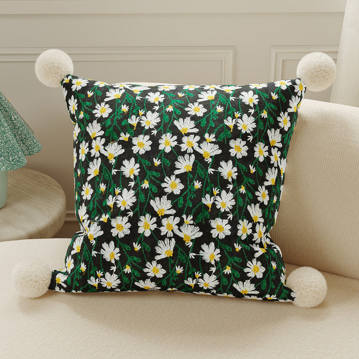 Hand-Embroidered Wildflower Velvet Decorative Pillow Cover with Plush Pom-Pom Corners