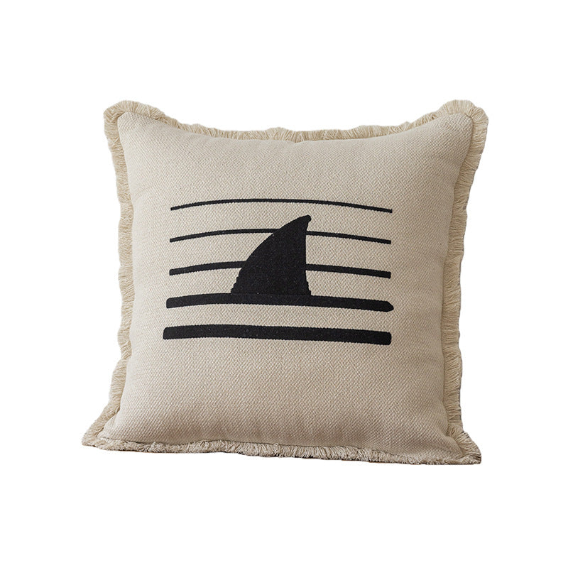Decorative Embroidered Fish & Waves Fringe Throw Pillow with Linen-Blend Cover