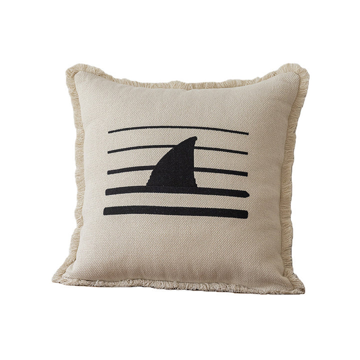 Decorative Embroidered Fish & Waves Fringe Throw Pillow with Linen-Blend Cover