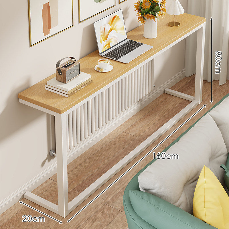 Slim Narrow Console Table with White Metal Frame and Wood-Grain Top