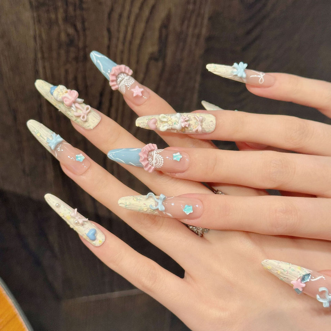 Artistic Press-On Nail Set with Vibrant Ocean-Inspired Accents