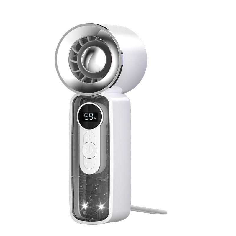 Cooling bladeless micro-turbine handheld fan with OLED battery display and fold-out stand Kalsten