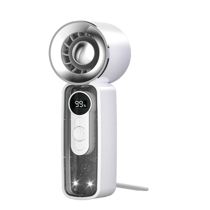 Cooling bladeless micro-turbine handheld fan with OLED battery display and fold-out stand Kalsten