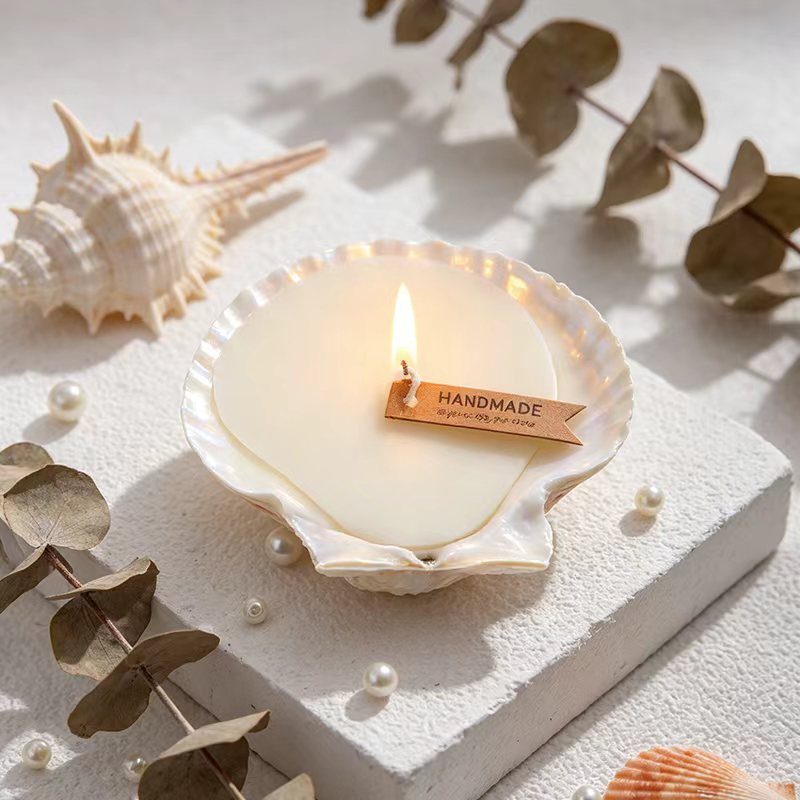 Hand-Poured Soy Wax Seashell Candle in Mother-of-Pearl Shell Bowl