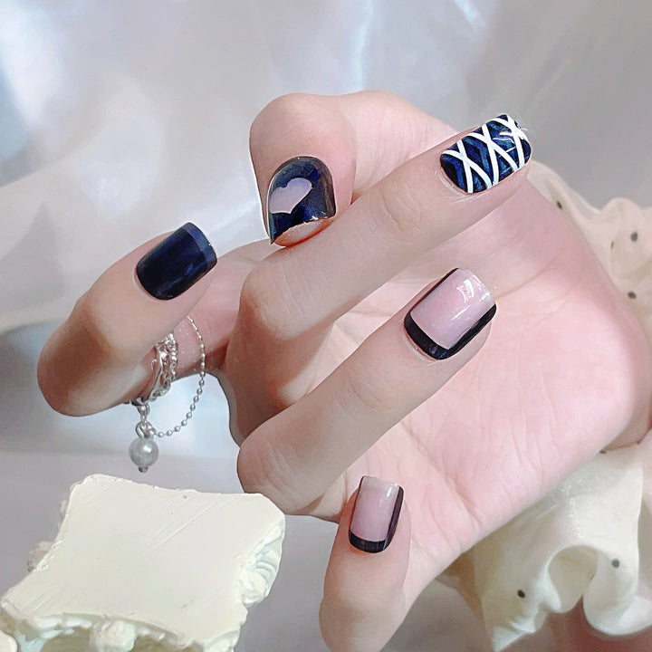 Stylish Press-On Nail Art Set with Heart and Geometric Patterns