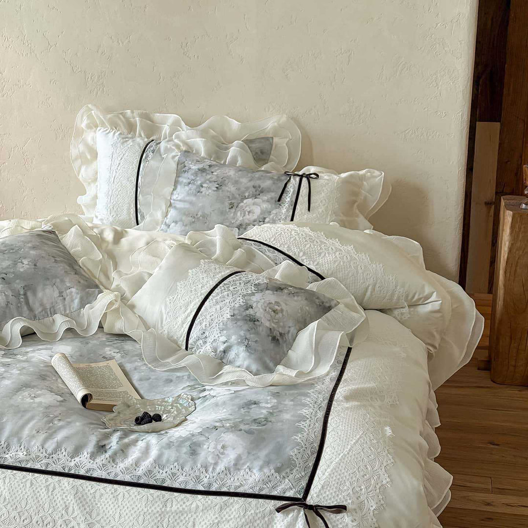 luxurious romantic bedding set with lace trim and ruffles