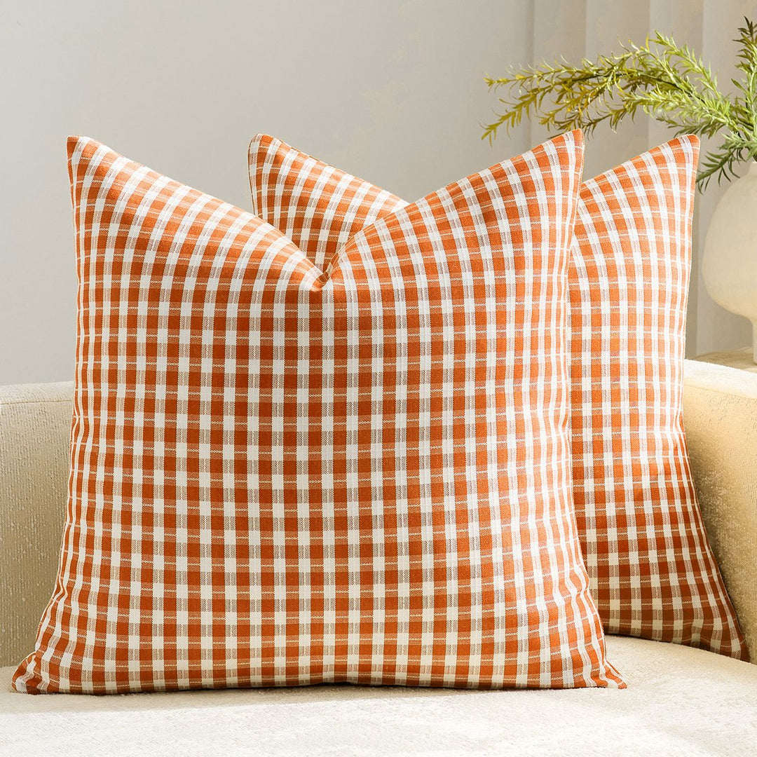 Gingham Cotton-Linen Square Throw Pillow Covers with Hidden Zipper Pair