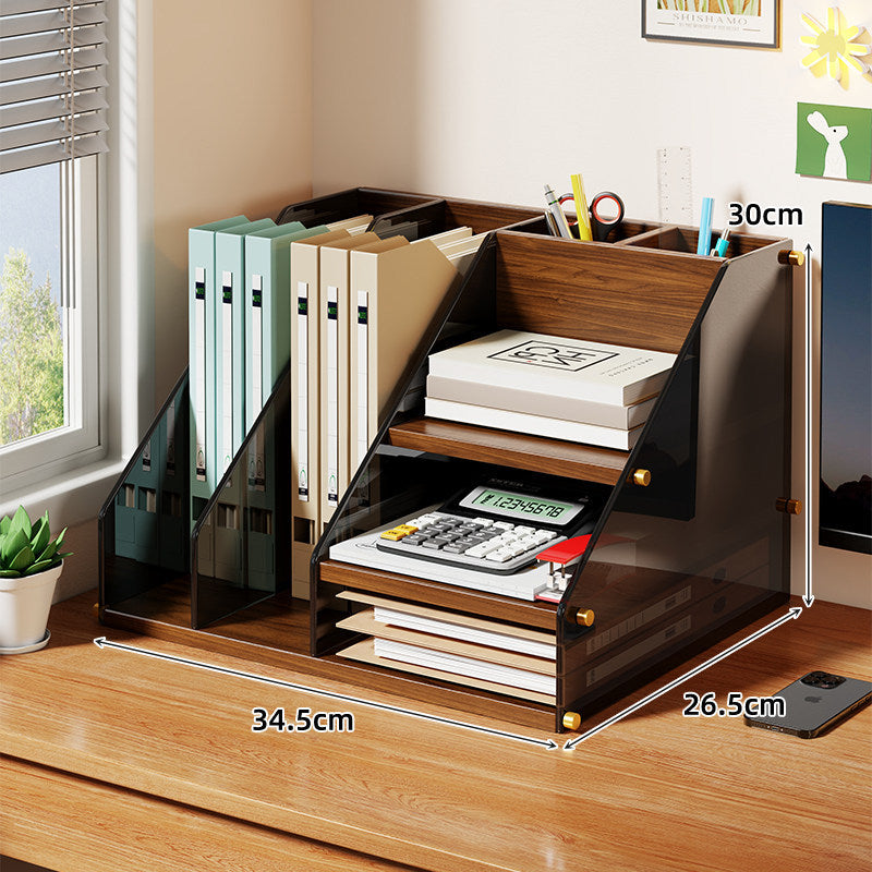 Modular Wooden Desk Organizer with Acrylic File Sorter and Pen Compartments