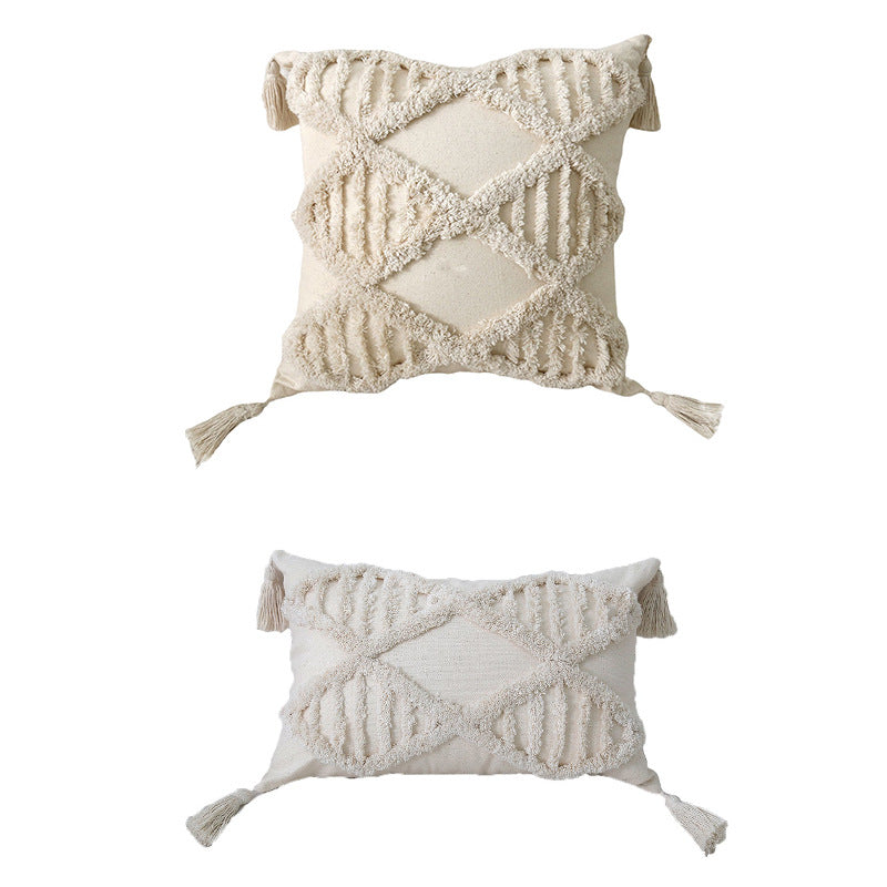 Decorative Boho Tassel Throw Pillow with Textured Diamond Tufting