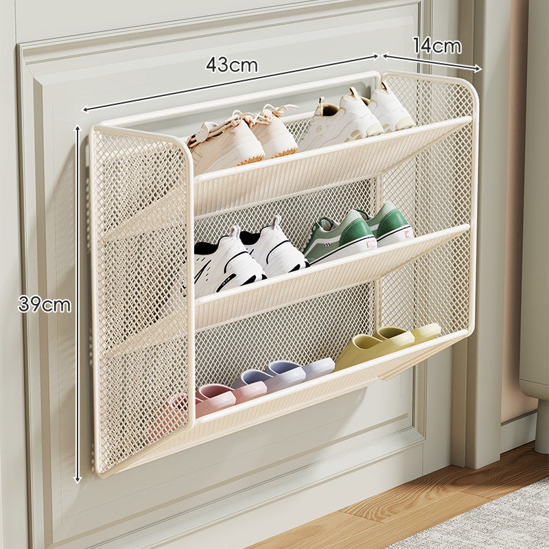 Wall-Mounted Fold-Down Mesh Shoe Shelf Organizer for Slim Entryways