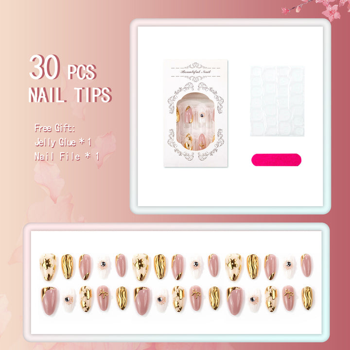 Decorative Press-On Nail Set with Gold Accents