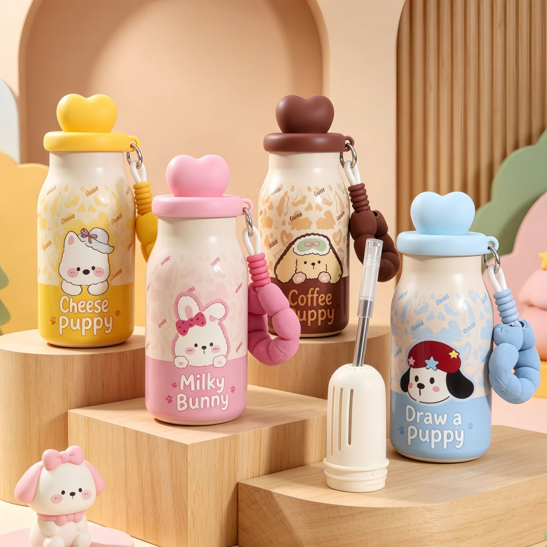 Insulated drinking bottle with sweet dog design and practical carrying strap Kalsten