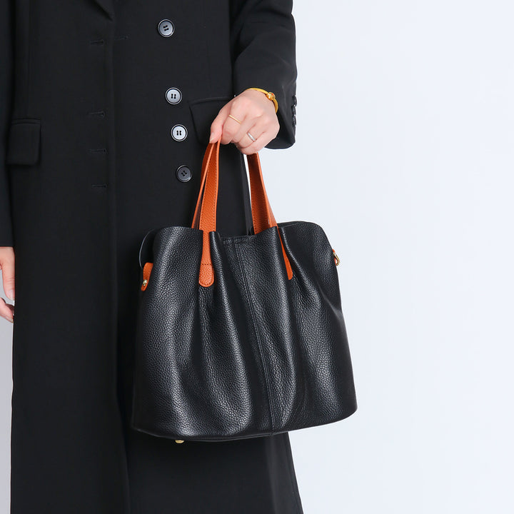 Soft-Grain Leather Ruched Shopper Tote with Contrast Short Handles