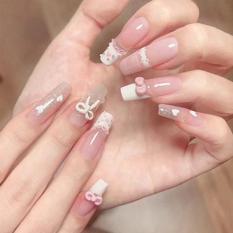 Artistic Press-On Nail Set with Floral and Gemstone Accents Kalsten