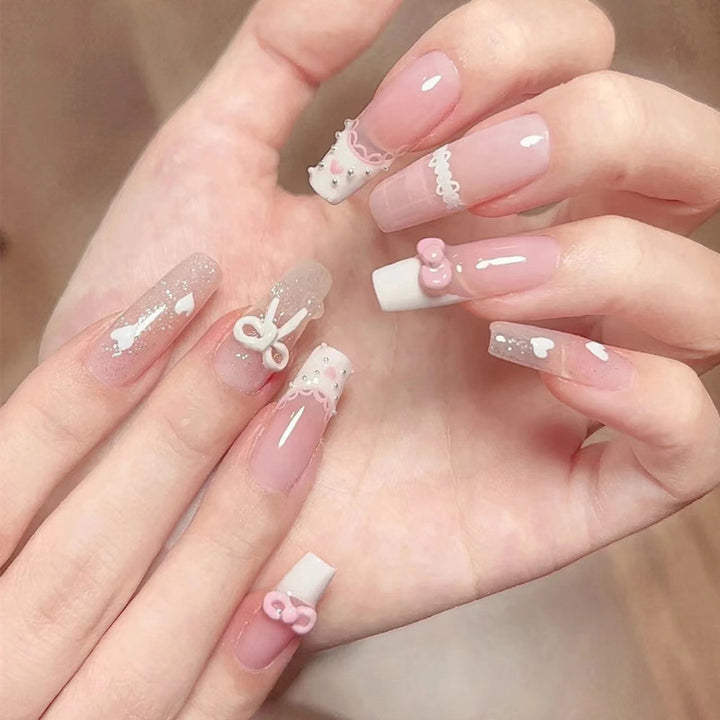 Artistic Press-On Nail Set with Floral and Gemstone Accents Kalsten