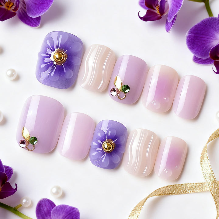 Elegant Decorative Press-On Nail Set with Floral and Gem Accents Kalsten