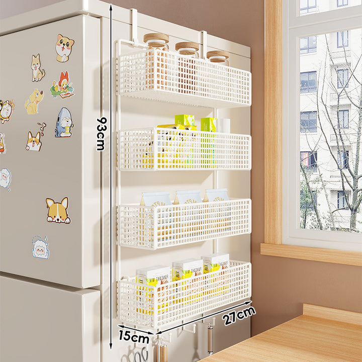 Over-Refrigerator Vertical Hanging Mesh Storage Rack with Deep Baskets and Hook Rail
