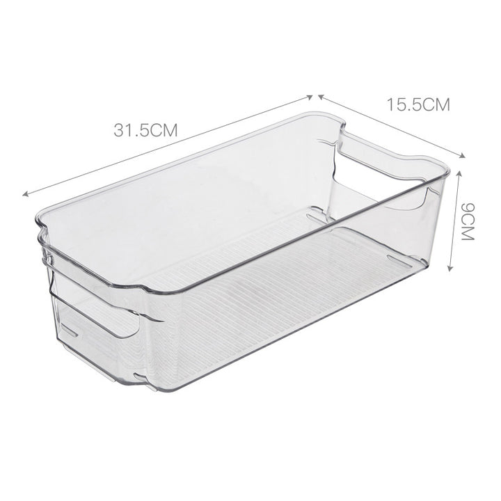 Transparent, flat storage box with handles and non-slip ribbed bottom