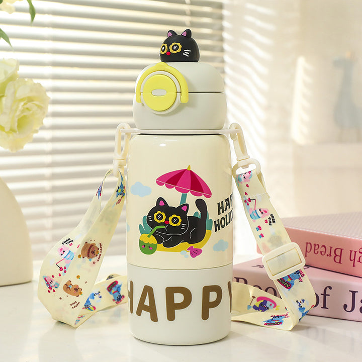 Women's insulated drink bottle with practical carrying strap and cute cat design Kalsten