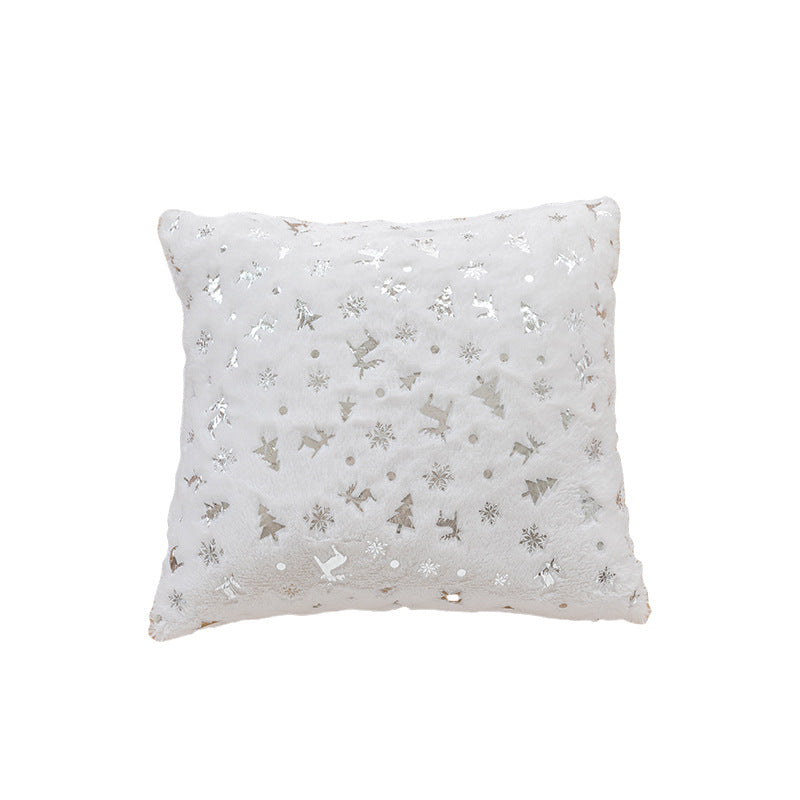 Holiday Faux Fur Decorative Throw Pillow with Foil Reindeer & Tree Print Plush Square Accent Cushion