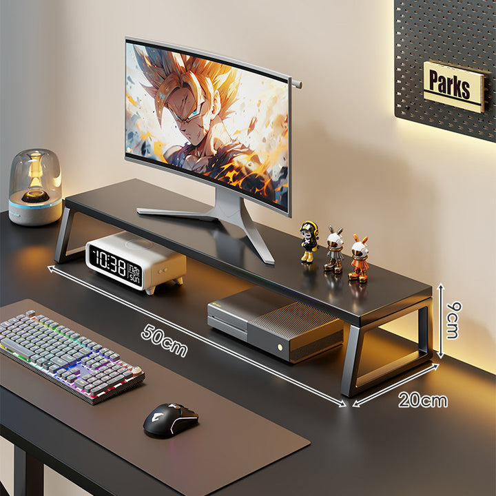 Curved Wood-Top Monitor Riser with Metal Frame and Under-Shelf Organizer