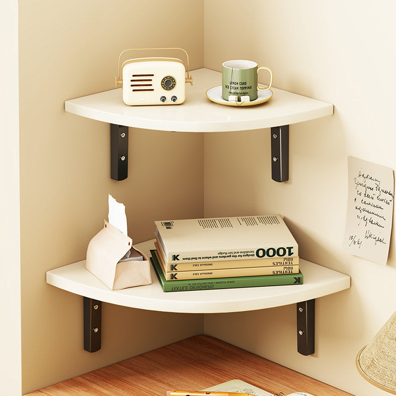 Corner Floating Wall Shelf with Curved Triangular Wooden Top and Heavy-Duty Metal Brackets