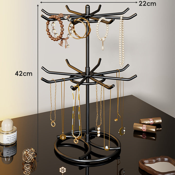 Tiered Rotating Jewelry Organizer Tree Stand with Multi-Arm Hooks and Ring Dish