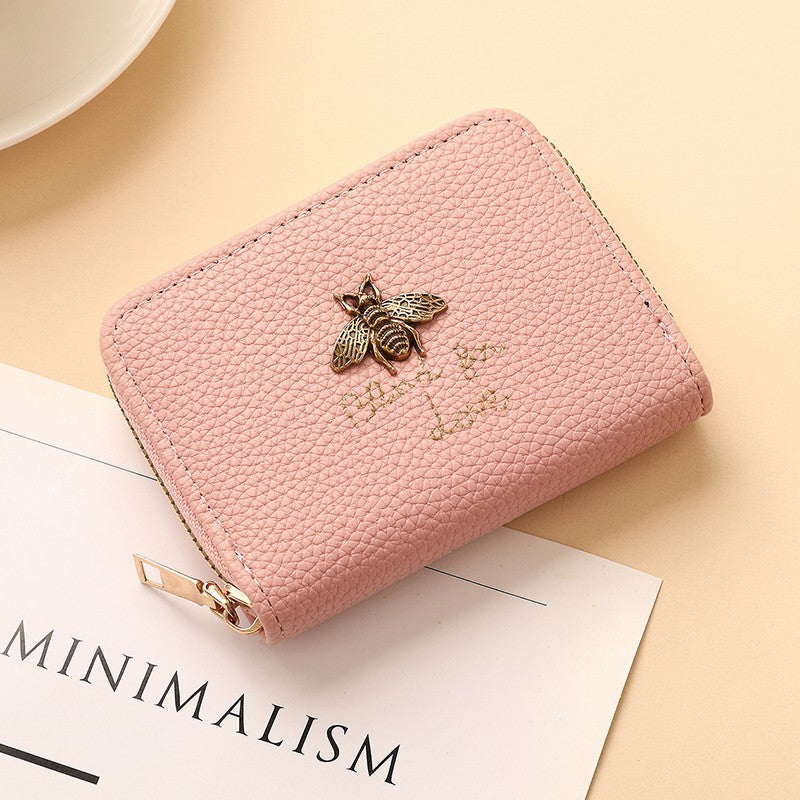 Designer Bee-Embellished Leather Zip-around Wallet Kalsten