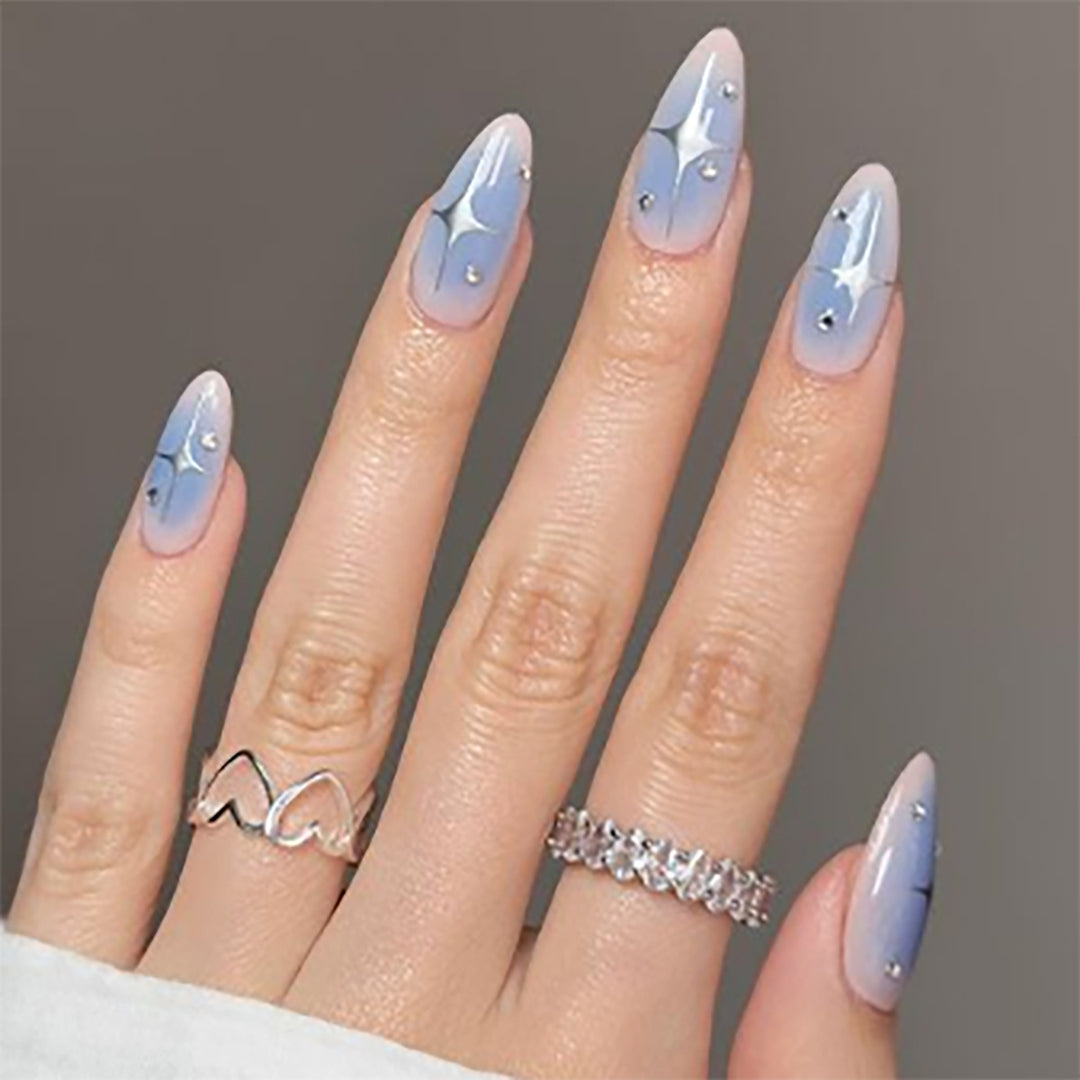 Artistic Stiletto Press-On Nails with Glimmering Blue Design Kalsten